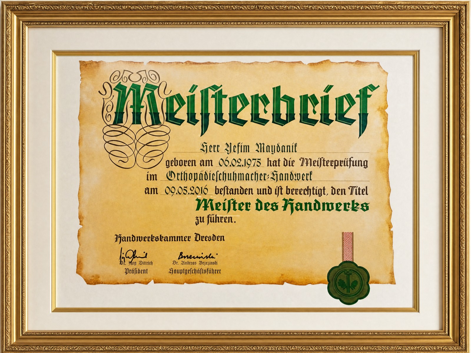 Meisterbrief Yefim Maydanik · Handwerkskammer Dresden · 2016