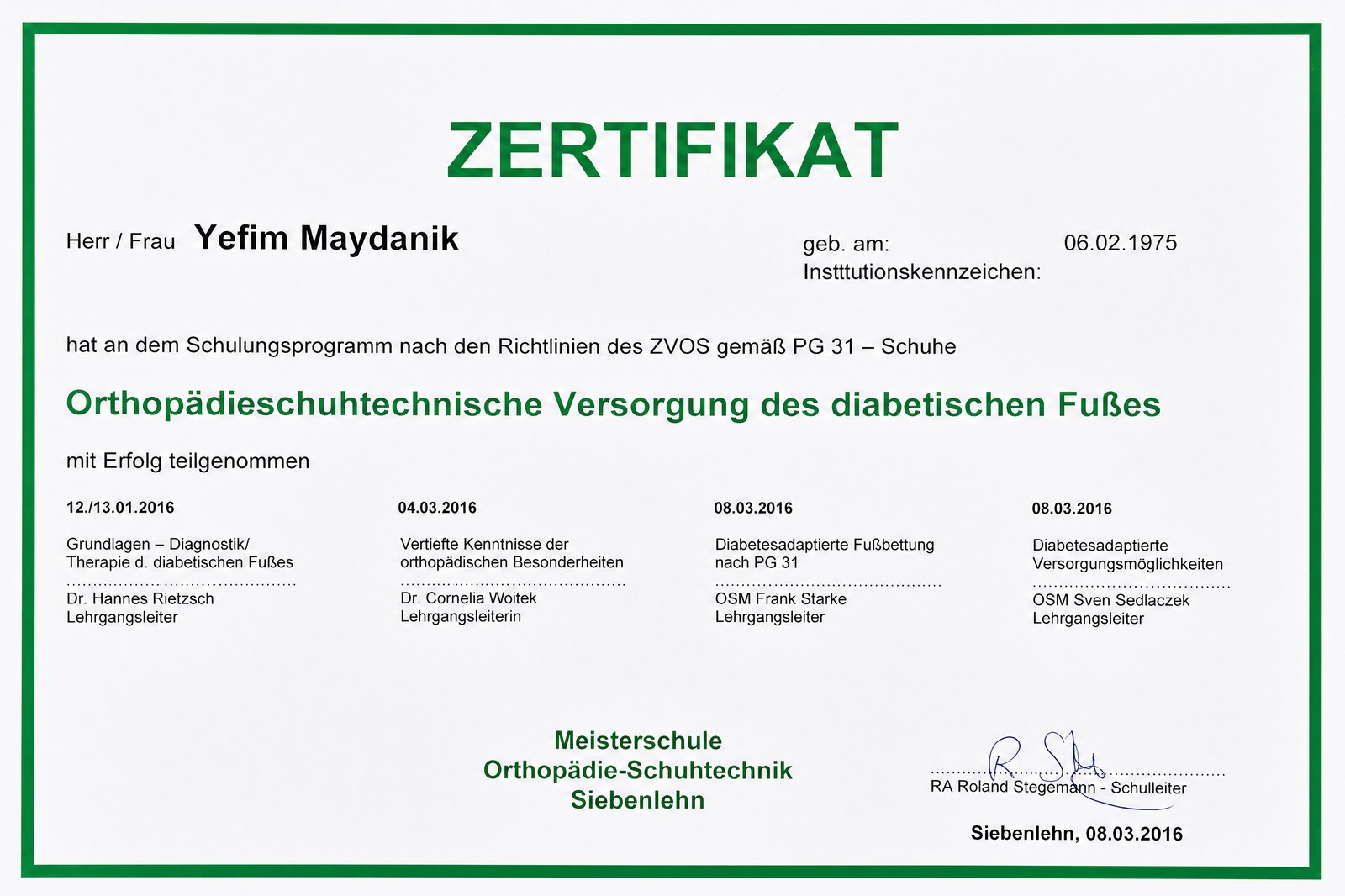 ZVOS PG 31 · Diabetiker-Versorgung · Meisterschule Siebenlehn 2016